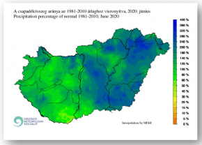 A 2020 júniusában lehullott csapadéknak a sokéves átlaghoz viszonyított aránya